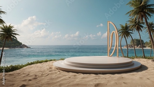 Abstract minimal display podium for showing products or cosmetic presentation with summer beach scene  Summer time