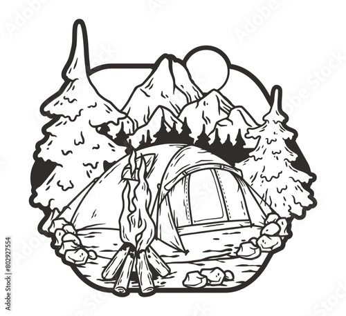 Black and white line art illustration featuring a scenic camping setup with a tent, campfire, mountains, trees, and wildlife elements, ideal for outdoor adventure themes photo