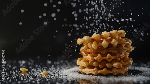 Waffle fries stacked like Jenga blocks, each one adorned with a sprinkle of sea salt.