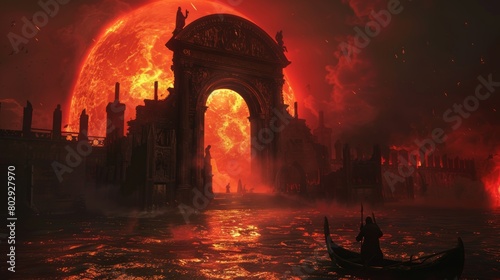 The imposing gates of hell open, with Charon, the ferryman of the dead, silhouetted against the fiery backdrop, ready to guide souls across the Styx photo