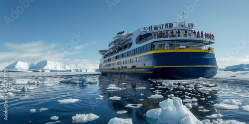 Navire de croisière bleu et jaune naviguant dans des eaux pris par les glaces photo
