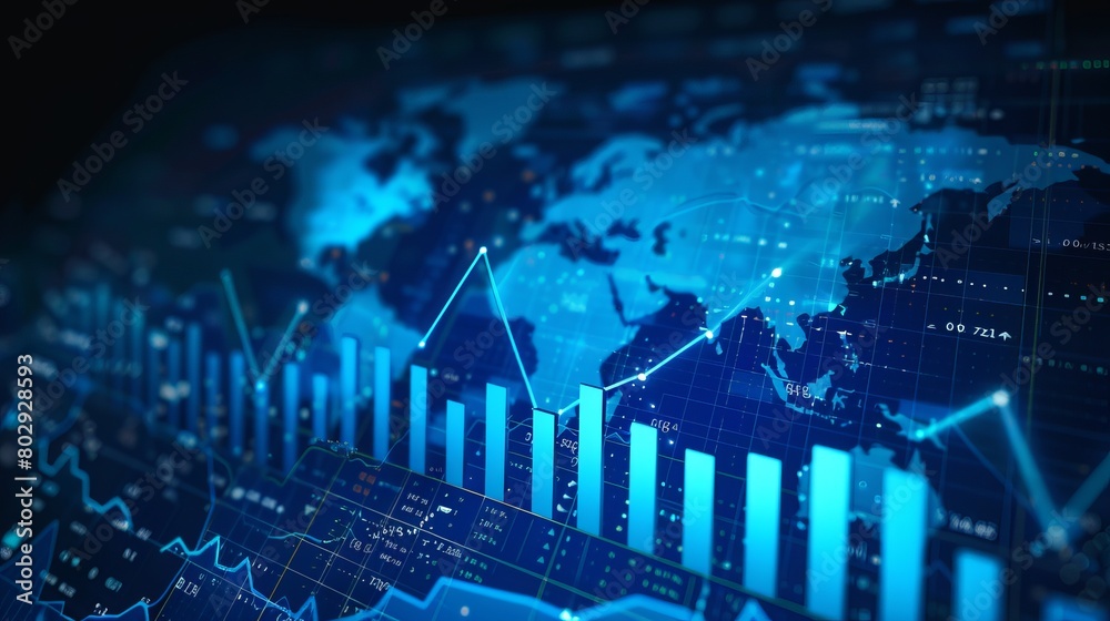 Financial chart showcasing a graph with an ascending arrow against the backdrop of a world map on a blue background, reflecting stock market trends. Financial chart showcasing a graph with an ascending arrow against the backdrop of a world map on a blue background, reflecting stock market trends.