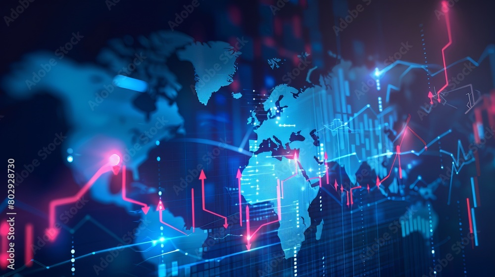 Financial chart showcasing a graph with an ascending arrow against the backdrop of a world map on a blue background, reflecting stock market trends.