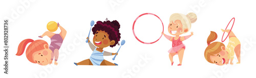 Little Girl Doing Gymnastics Vector Set