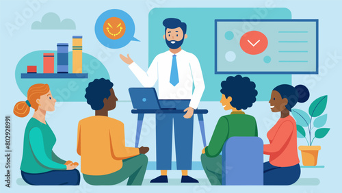 At a corporate office a mental health advocate conducts a seminar on the benefits of implementing mental wellness programs in the workplace.. Vector illustration