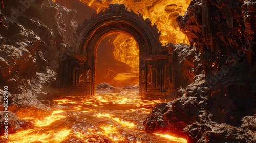 The entrance to the underworld, featuring gates that loom over a seething lava floor, its texture reminiscent of a volatile volcanic surface photo