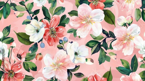 Floral pattern of spring flowers, berries, and leaves on a blush background.