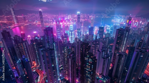 Smart City Skyline with Illuminated Skyscrapers at Dusk