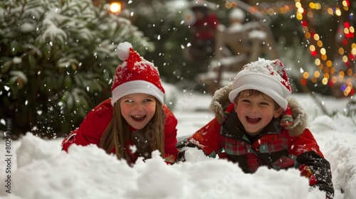 Joyful Children Playing in Snow During Christmas Time