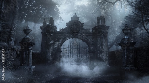 The eerie gates of hell, flanked by dungeon stones and overlooked by the foreboding silhouettes of forest trees, enveloped in darkness and mist photo