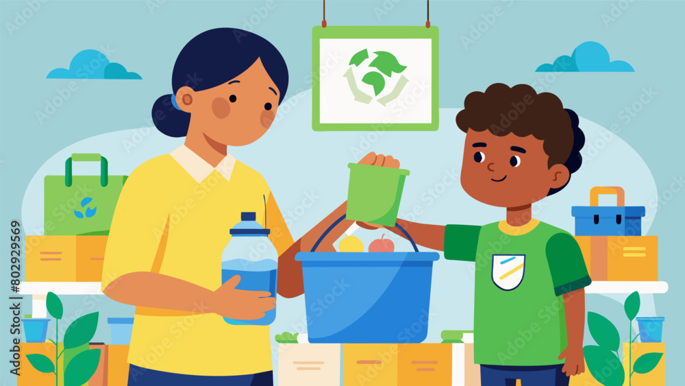 A parent teaching their child about the importance of reducing waste as they shop for ecofriendly school supplies.. Vector illustration A parent teaching their child about the importance of reducing waste as they shop for ecofriendly school supplies.. Vector illustration