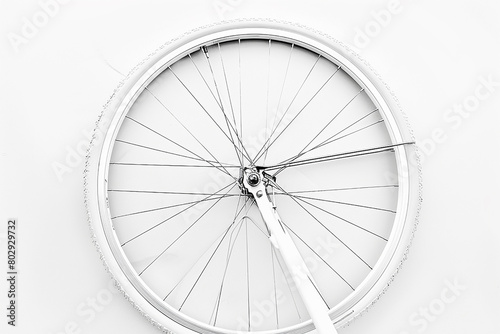 A minimalist shot of a single bicycle wheel against a stark white backdrop  accentuating its elegant curvature and form.
