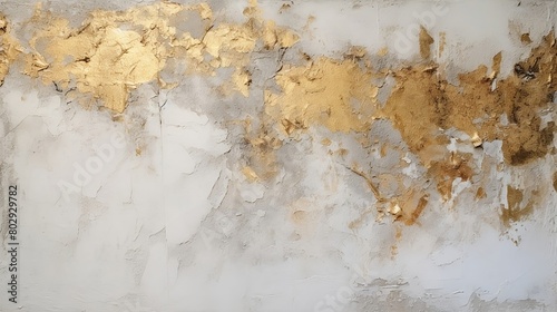 Art cement smear blot painting wall. White and golden abstract messy wall stucco texture background. Yellow lined decorative wall paint. White, gray and gold color canvas texture.