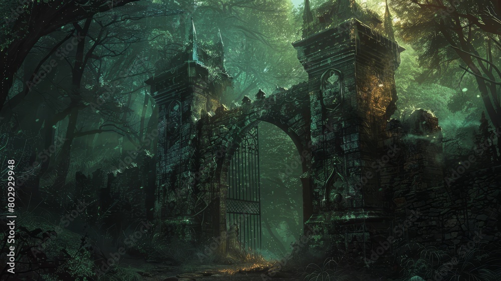 Shadowy gates standing at the intersection of a dungeon and hell, surrounded by the haunting quiet of a dense forest, evoking a sense of dread Shadowy gates standing at the intersection of a dungeon and hell, surrounded by the haunting quiet of a dense forest, evoking a sense of dread