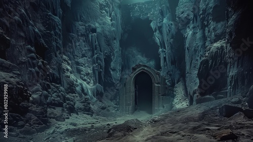 Remote dungeon gates set in a desolate cave entrance, where myths converge with reality, enveloped by shadows and an air of inaccessibility photo
