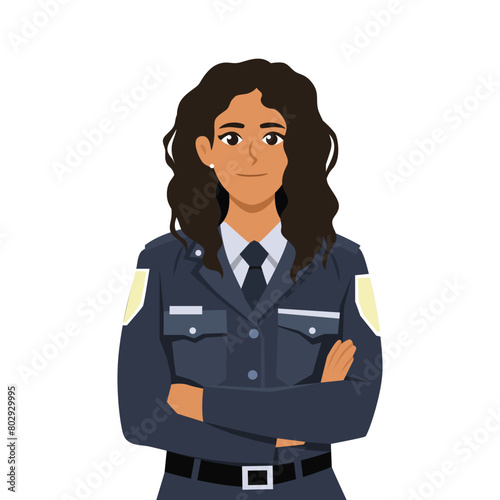 Smiling latina woman police officer in uniform standing with arms crossed. Flat vector illustration isolated on white background