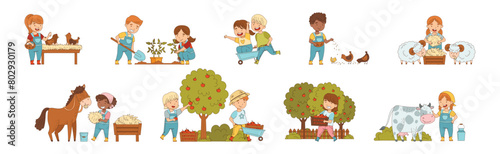 Little Kid Farmer Character at Village Vector Set