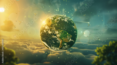 Create an image of a future Earth where renewable energy sources power all aspects of society
