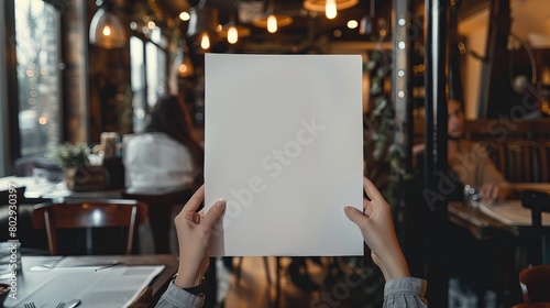 Hand holding a blank paper poster design for a restaurant menu, providing space for displaying menu items or designs. photo