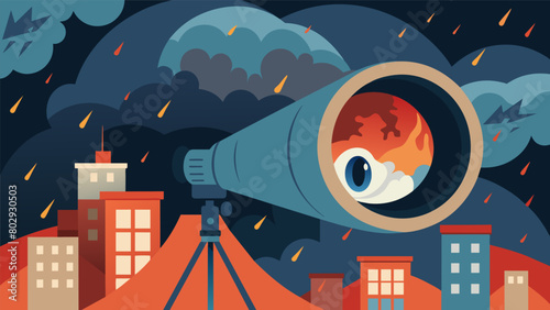 Gazing through the Terror Telescope one saw a world plagued by natural disasters with storm clouds constantly looming overhead and tornadoes through.
