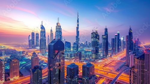 Panoramic view of the high rises along sheikh zayed road in glowing twilight hues