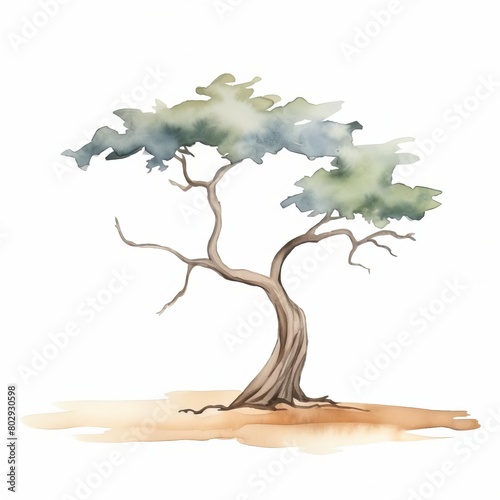 Create a watercolor painting of a single tree in the middle of a desert with a white background