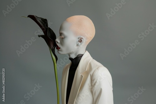 fashion editorial of beautiful albino bald model woman in white pantsuit with black Calla lily flower photo