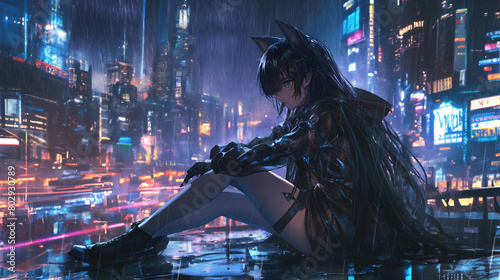 A girl sitting in the rain crying