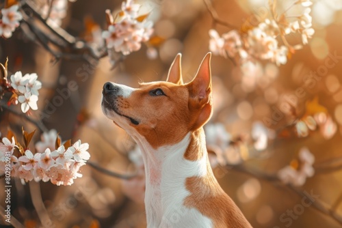 basenji dog or african barkless purebred in spring park with pink blossoms on trees photo