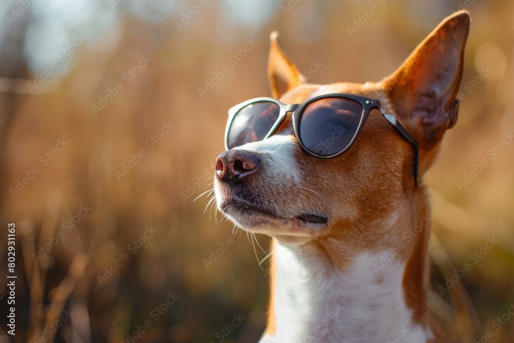 basenji dog or african barkless purebred portrait in sunglasses  in the park outdoors in summer
