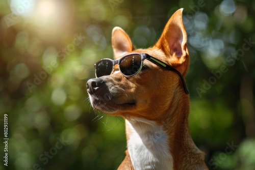 basenji dog or african barkless purebred portrait in sunglasses  in the park outdoors in summer © Dina