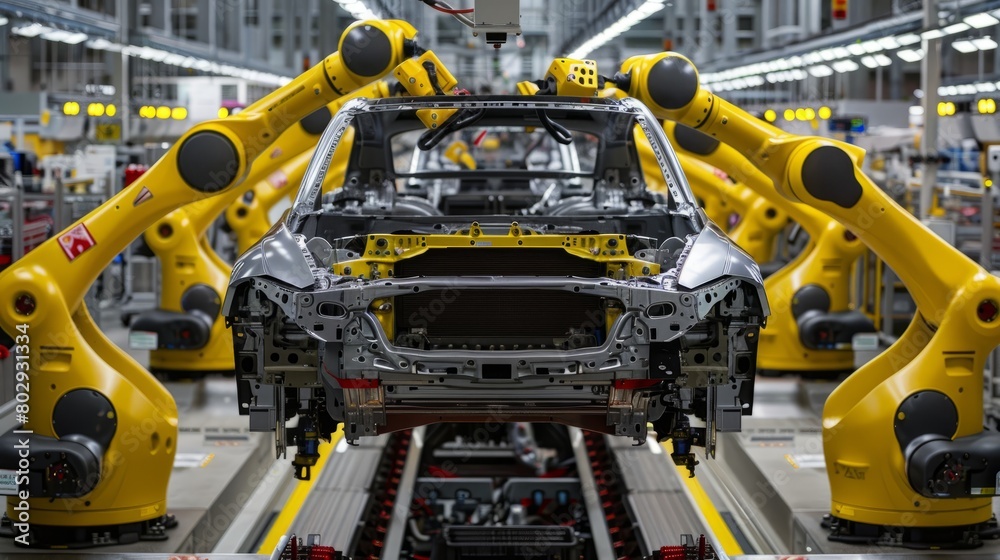 Automated Robot Arms on Vehicle Assembly Line, Industrial Environment