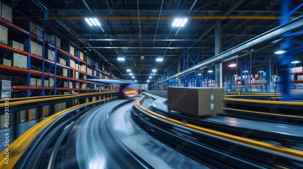 High-Speed Conveyor Belts in Modern Warehouse, Dynamic Motion Blur