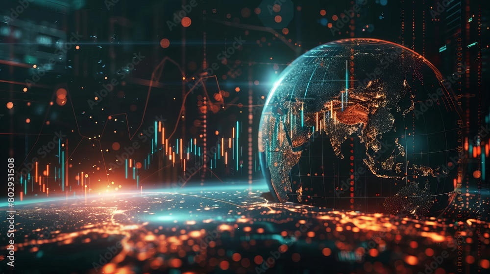 Hi-tech hologram of planet Earth with glowing vector chart of investment financial data. Graph stock market with rising candlesticks. Infographic elements and realistic transparent world map Hi-tech hologram of planet Earth with glowing vector chart of investment financial data. Graph stock market with rising candlesticks. Infographic elements and realistic transparent world map