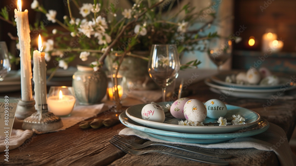 A rustic Easter table setting with hand-painted eggs, delicate spring flowers, and a handwritten note wishing 