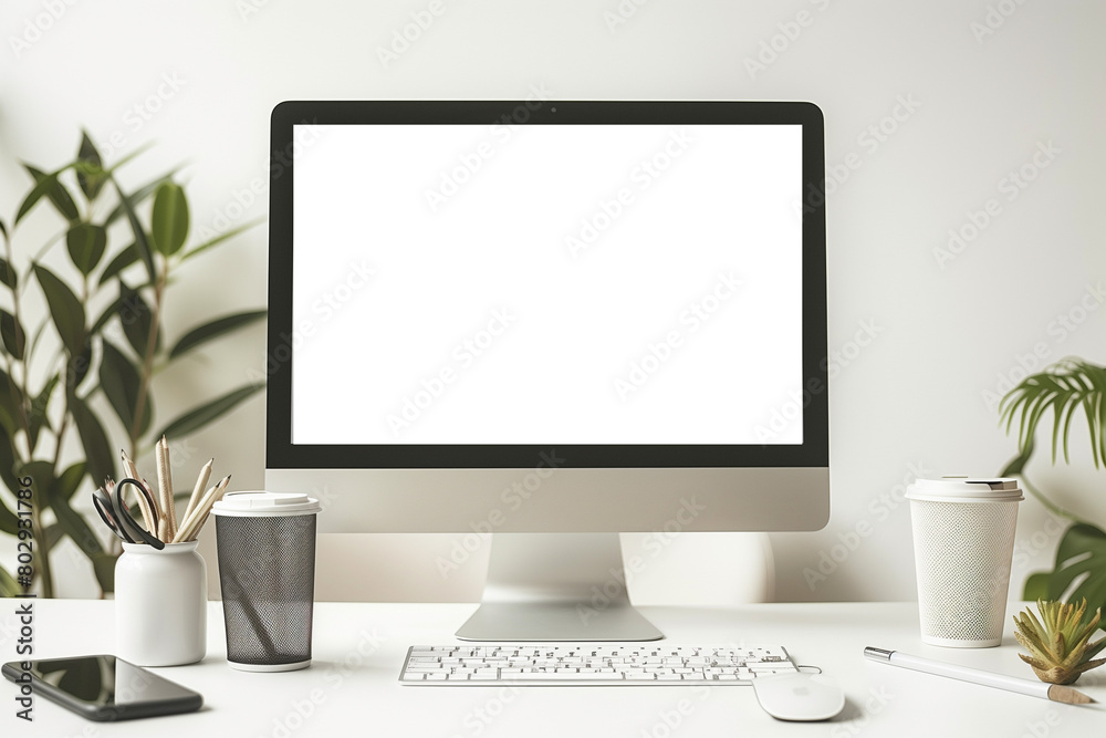 Laptop computer on a table in a modern interior with green plants and sunlight Laptop computer on a table in a modern interior with green plants and sunlight