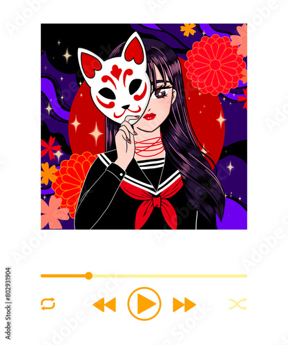 Japanese anime style drawing of a music player with a girl wearing a cat mask