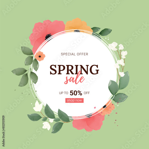 Spring sale vector banner template with watercolor flowers