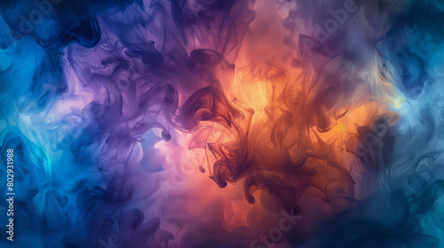 Ethereal backdrop created by vibrant swirling multicolored smoke patterns