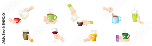 Hand Holding Drink and Different Beverage Vector Set