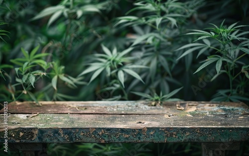 Rustic wooden table with a blurred background of cannabis plants