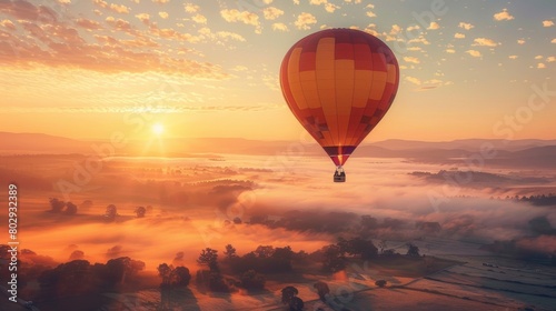 Sunrise hot air balloon gracefully floats above mist-covered landscape