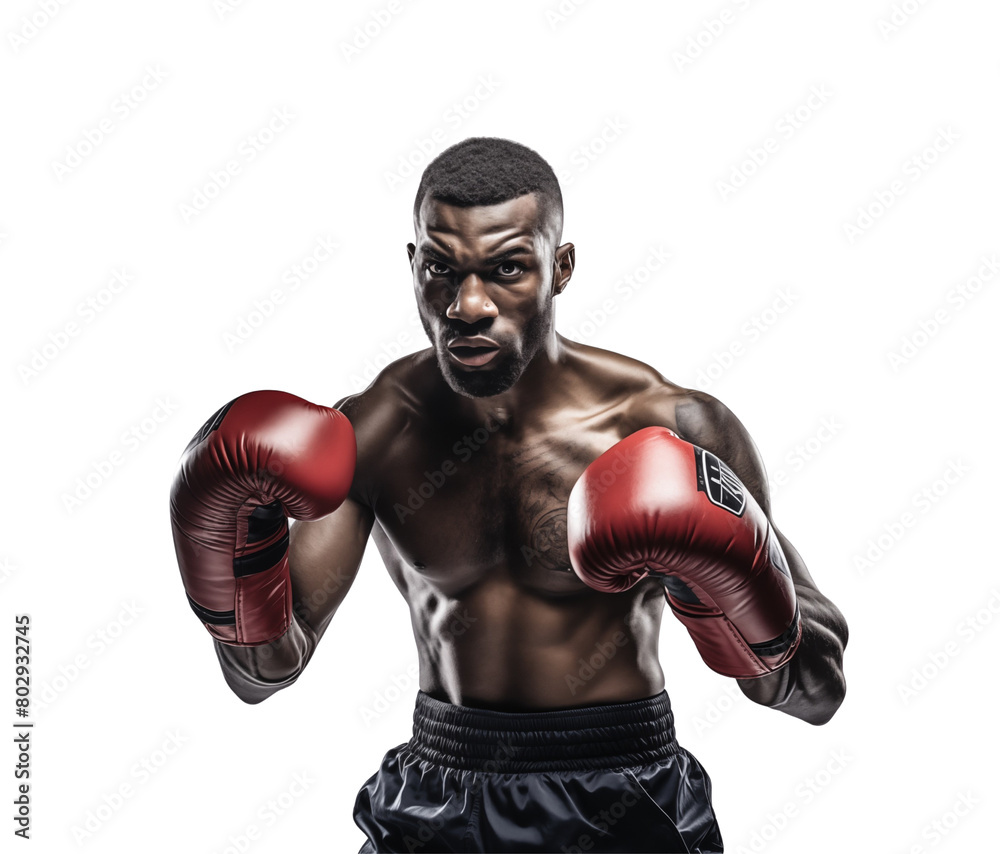 Focused boxer in red gloves and athletic stance ready to strike, isolated on transparent background. Generative AI