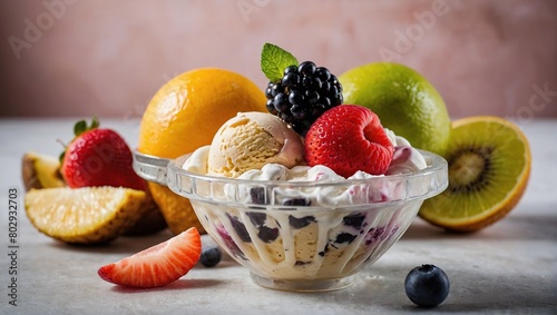 Assorted ice cream on scoop and fresh fruits