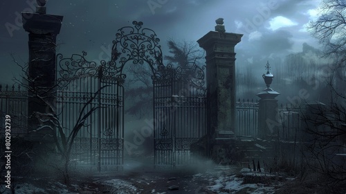 Massive iron gates, heavily detailed with dark, gothic motifs, opening into a desolate, hellish landscape filled with shadows and despair