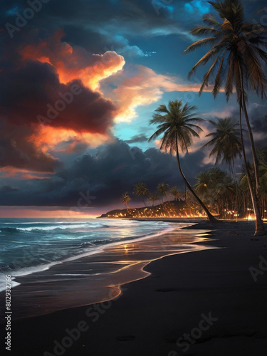 generative ai  Glowing sea with bright clouds shining on a black sand beach with palm trees