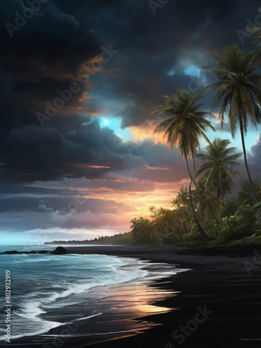 generative ai, Glowing sea with bright clouds shining on a black sand beach with palm trees