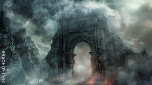 Majestic yet terrifying gates of hell, with powerful guardians and dangerous traps, a crucial checkpoint for adventurers on epic quests