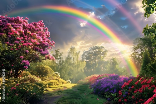 Springtime rainbow arching over a blooming garden