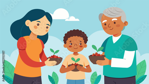A child carefully holds a handful of freedom seeds as theyre guided by their elders in planting them in the earth.. Vector illustration